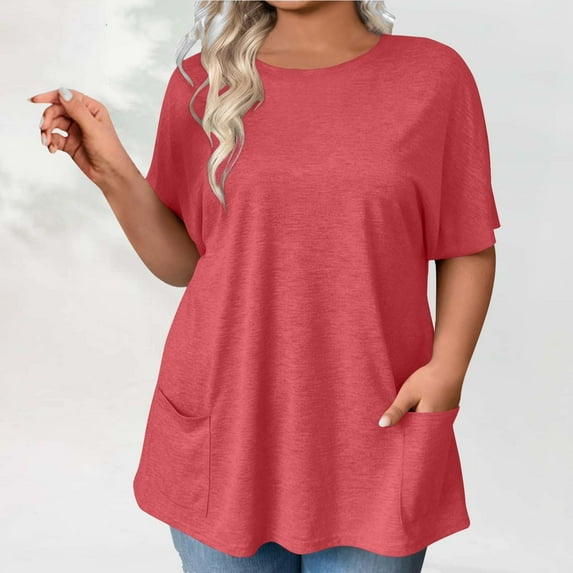 Women Tops under $5! Cagogo Women Plus Size Summer Tops Crewneck Floral/Solid/Striped/Gradient Color Trendy Fashion Black Blouse Short Sleeve Loose Fit Travel Work Tunics Clothes