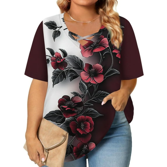 Women Tops under $5! Cagogo Women Plus Size T Shirts Summer Trendy V Neck Short Sleeve Floral/Gradient Color/Strped Tunic Tops Dressy Loose Criss Cross Fashion Tee Shirts Outfits