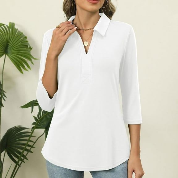 Women Tops under $5! Cagogo Women's 3/4 Length Sleeve Shirts Summer Trendy V Neck Button Down Dressy Tunics Collared Fashion Solid/Floral/Gradinet Color Black White Blouses Clothing
