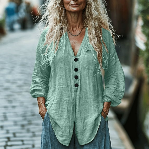 Women Tops under $5! Cagogo Women's Linen Shirts Button Down Long Sleeve Dressy Casual Blouse Summer Trendy V Neck Collared Cotton Gauze Loose Fit Tunics Outfits