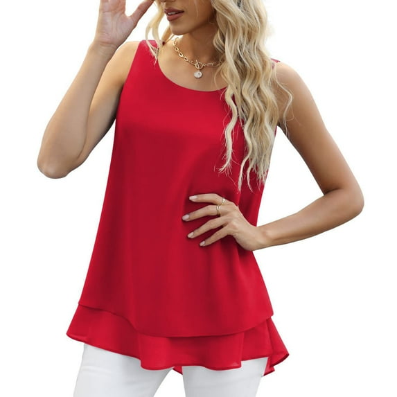 Women Tops under $5! Cagogo Women's Sleeveless Chiffon Tank Top Double Layers Casual Blouse Tunic Summer Plus Size Round Neck Flowy Blouses Shirts Trendy Clothe