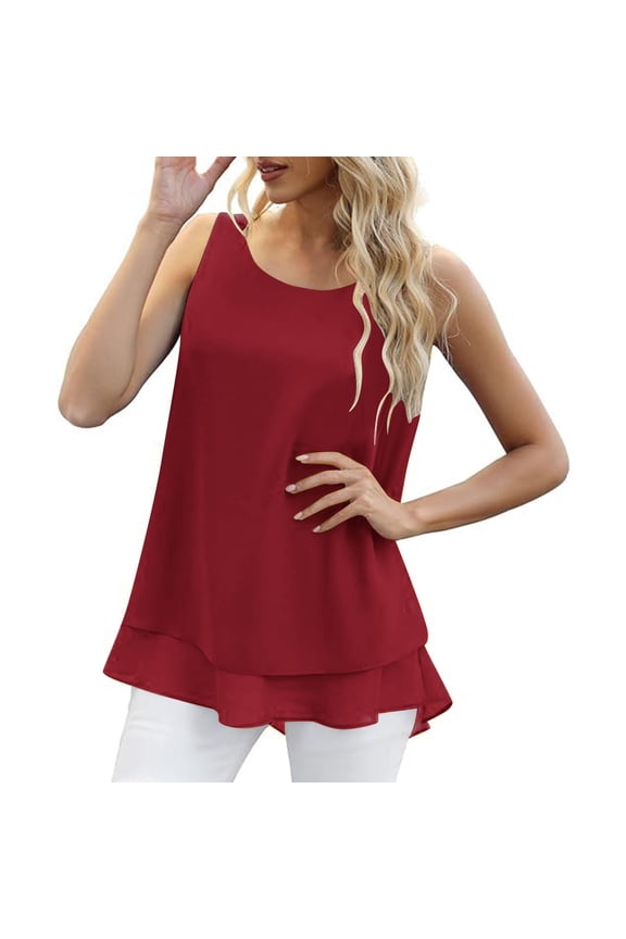 Women Tops under $5! Cagogo Women's Sleeveless Chiffon Tank Top Double Layers Casual Blouse Tunic Summer Plus Size Round Neck Flowy Blouses Shirts Trendy Clothe