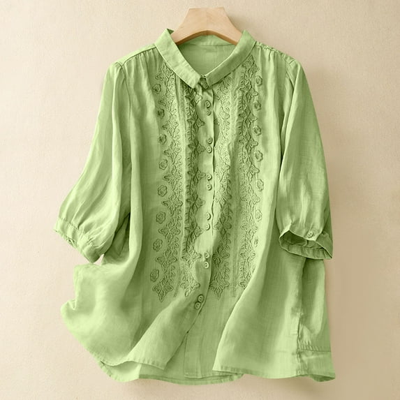 Women Tops under $5! Cagogo Women's Summer 3/4 Sleeve Cotton Linen Tops Vintage Mexican Embroidered Shirts Casual V Neck Boho Blouse Oversized Fashion Tredny Outfits Clothes