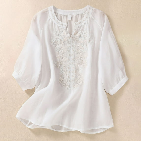 Women Tops under $5! Cagogo Women's Summer 3/4 Sleeve Cotton Linen Tops Vintage Mexican Embroidered Shirts Casual V Neck Boho Blouse Oversized Fashion Tredny Outfits Clothes