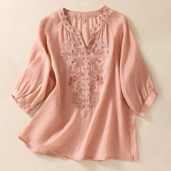 Women Tops under $5! Cagogo Women's Summer 3/4 Sleeve Cotton Linen Tops Vintage Mexican Embroidered Shirts Casual V Neck Boho Blouse Oversized Fashion Tredny Outfits Clothes
