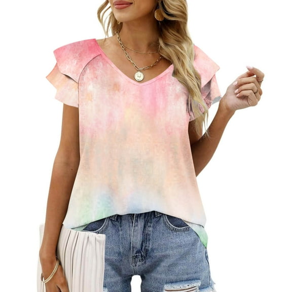 Women Tops under $5! Cagogo Women's Summer T Shirts Trendy V Neck Dressy Loose Fit Boho Tunic Tops Ruffle Short Sleeve Floral/Gradient Color Cute Tee Shirts Outfits