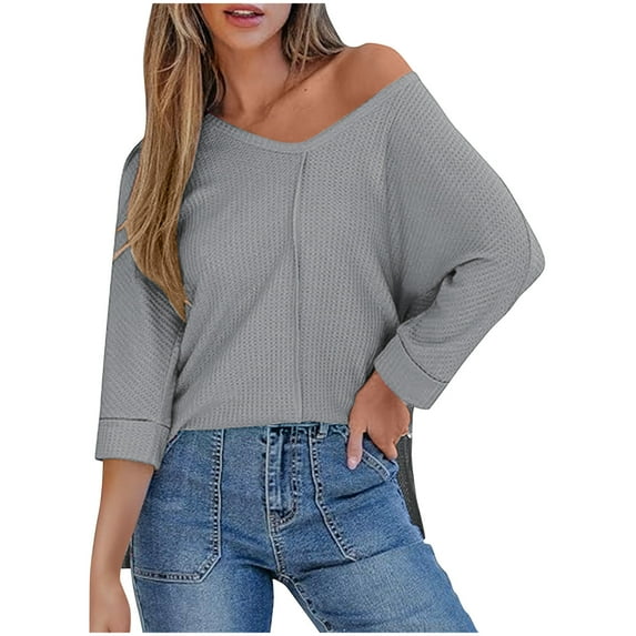 Women Tops under $5! Cagogo Womens 3/4 Length Sleeve Waffle Knit Tops Casual Summer Trendy Off The Shoulder T Shirts Loose Fit V Neck Tunic Tops Side Split Blouse Trendy Clothes
