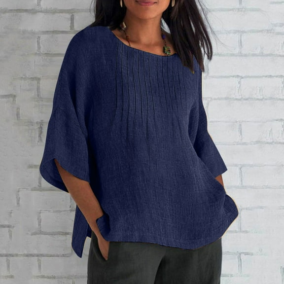 Women Tops under $5! Cagogo Womens Linen Blouses Cotton Gauze Dressy Casual Summer Trendy Plus Size Blouse 3/4 Length Sleeve Crewneck Trendy Peasant Tunics Clothes