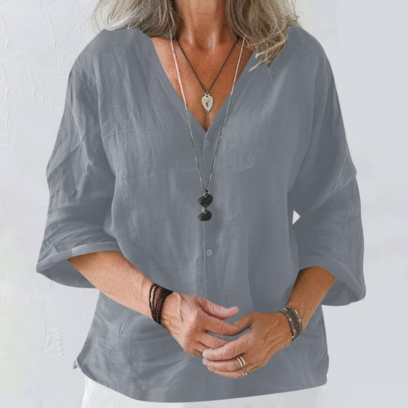 Women Tops under $5! Cagogo Womens Linen Button Down Shirts 3/4 Sleeve Oversized Solid Peasant Tunic Tops Dressy Casual Loose Comfy Work Gauze Blouses Blusas Casuales de Mujer Bonitas