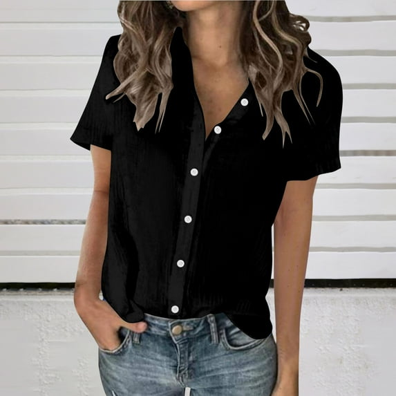 Women Tops under $5! Cagogo Womens Linen Button Down Shirts Short Sleeve Cotton Button-up T-Shirts Collared V Neck Summer Casual Blouses Gauze Tops Blusas Casuales de Mujer Bonitas