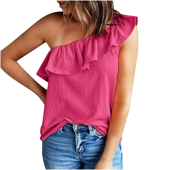 Women Tops under $5! Cagogo Womens One Shoulder Tops Summer Trendy Ruffled Solid Tunic Dressy Shirts Sleeveless Loose Fit Going Out Tank Top Casual Beach Travel Outfits Clothes