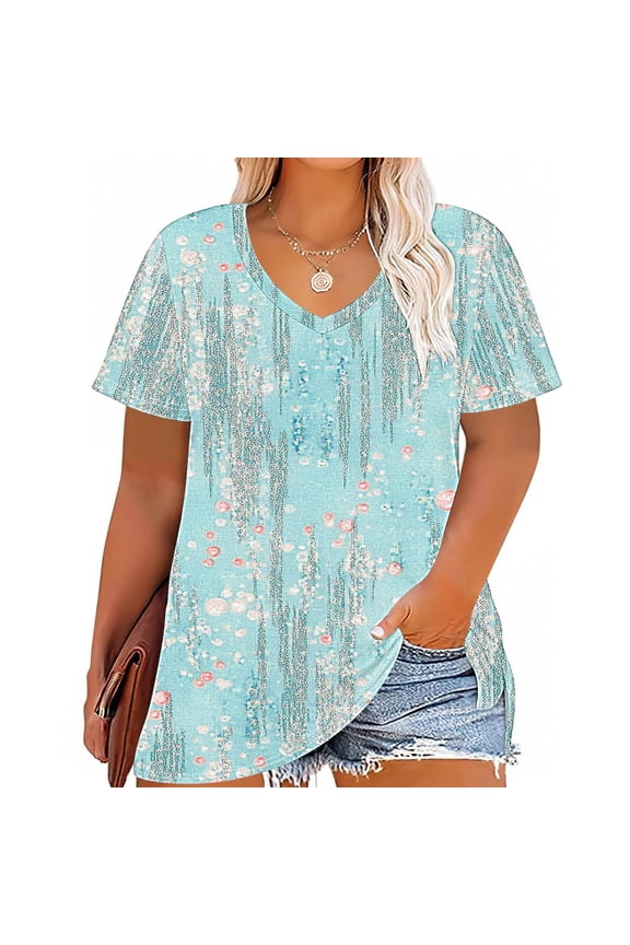 Women Tops under $5! Cagogo Womens Plus Size Shirts Floral Printed Short Sleeve Boho Tunics V Neck Loose Fit Summer Trendy Oversized Blouses Clothing