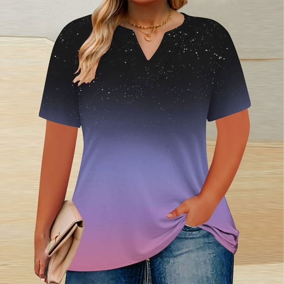 Women Tops under $5! Cagogo Womens Plus Size V Neck T Shirts Floral Striped Summer Short Sleeve Sexy Tops T-Shirts Tunic Casual Loose Fit Soft Basic Tees L-5XL