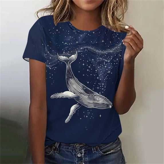 Women Tops under $5! Cagogo Womens Short Sleeve Graphic Tee Tops Dolphin Pattern Shirts Fashion Round Neck Dressy Tee Blouses Summer Casual Going Out Tops Blusas Casuales de Mujer Bonitas