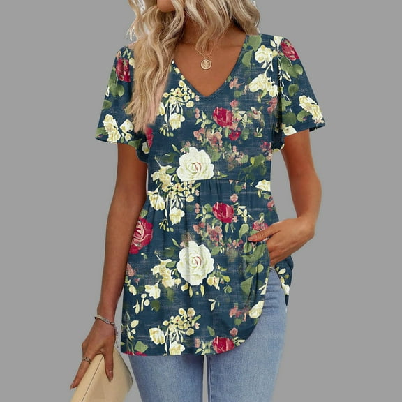 Women Tops under $5! Cagogo Womens Short Sleeve Tunic Tops Henley Shirt Summer V Neck Floral Blouse Casual Loose Pleated Basic Tshirts Pullover Clothes Outfits S-2XL