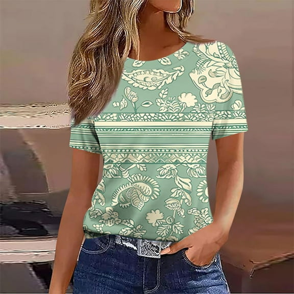 Women Tops under $5! Cagogo Womens Tops Casual Short Sleeve Crew Neck Gradient Color Striped Floral Shirts Trendy Summer Tees Outfits Clothes S-XXL