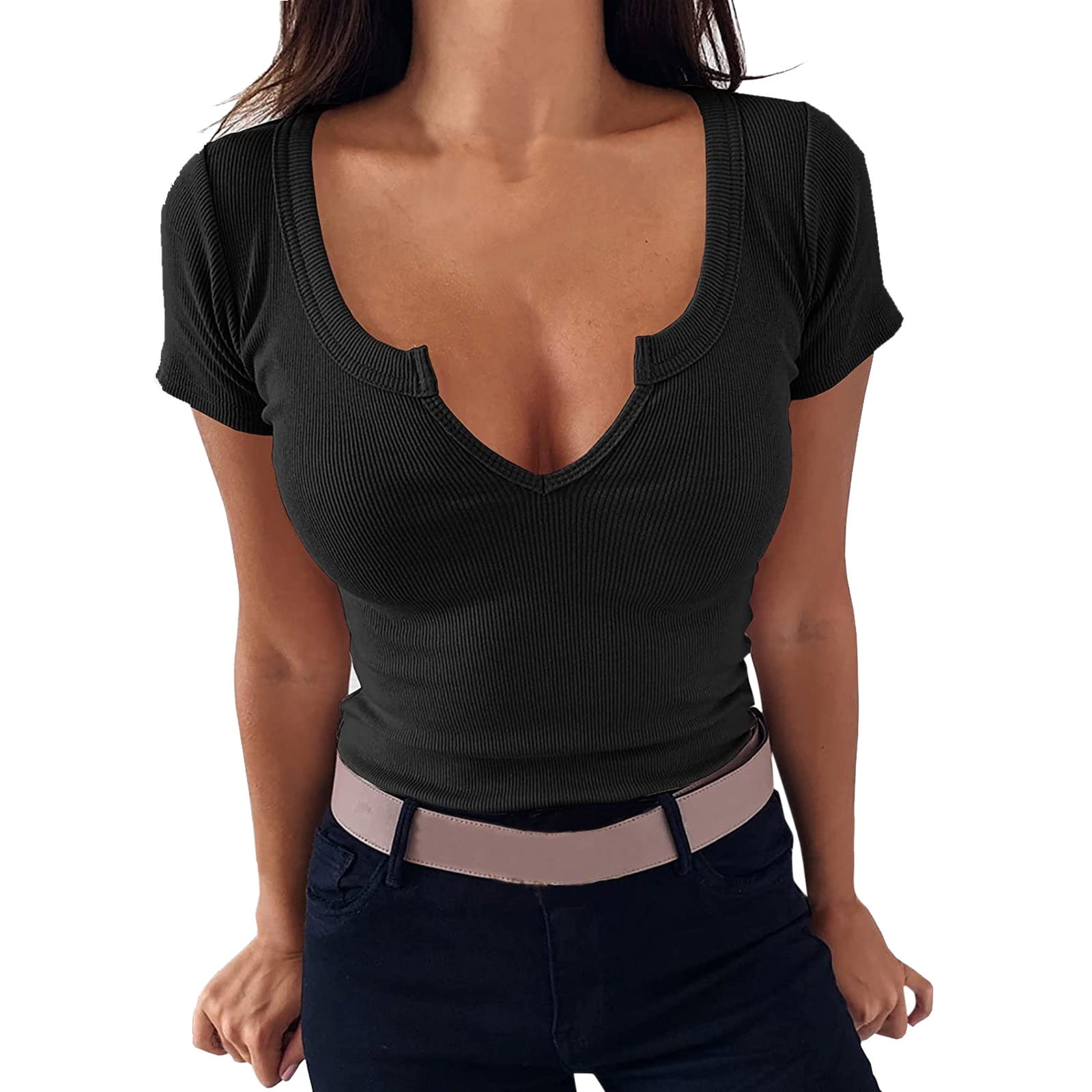 Women Tops Deep V Neck Ribbed Fitted Tight Basic Knit Short Sleeve T Shirt  Black M 