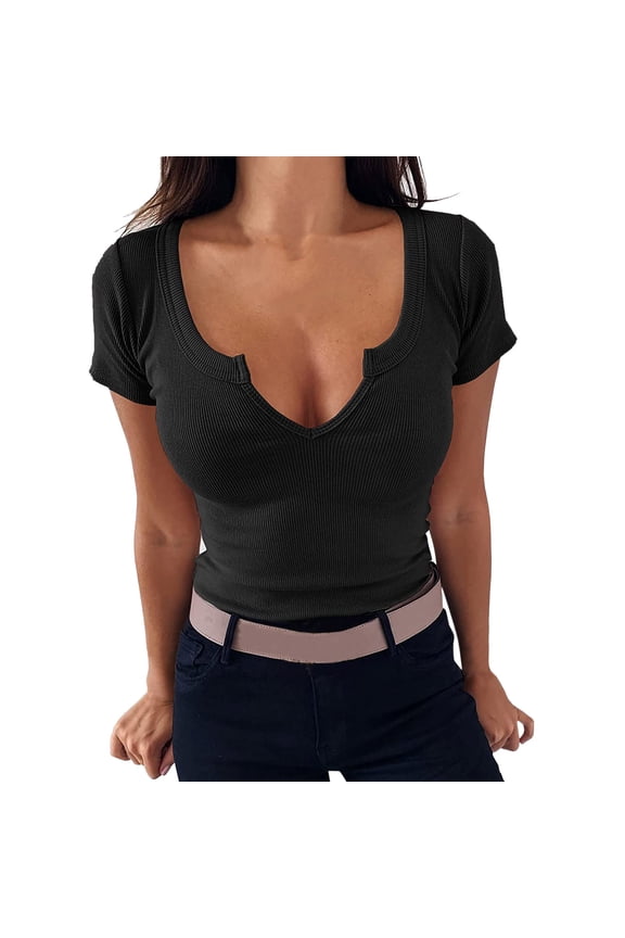 Women Tops Deep V Neck Ribbed Fitted Tight Basic Knit Short Sleeve T Shirt Black M