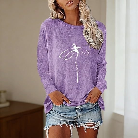 Women Tops Dragonfly Print Crew Neck Long Sleeve Fashion Vacation Tee 2026 Spring Going Out T Shirts