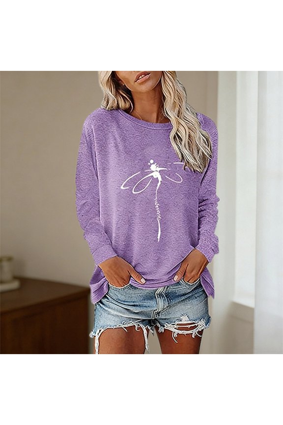 Women Tops Dragonfly Print Crew Neck Long Sleeve Fashion Vacation Tee 2026 Spring Going Out T Shirts