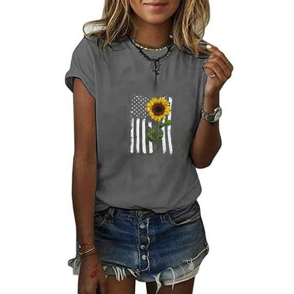 Women Tops Dressy Casual, American Flag Sunflower T Shirts for Women 4th of July Independence Day Shirt Cute Print Short Sleeve Tee Top Blouse