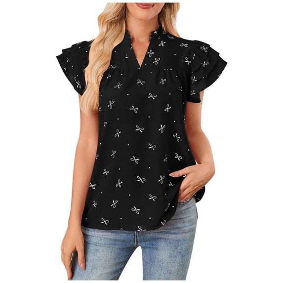Women Tops Dressy Casual Short Sleeve Blouses Petal Ruffle Shirts V-Neck Chiffon Work Business Tunic Bow Printed Layer