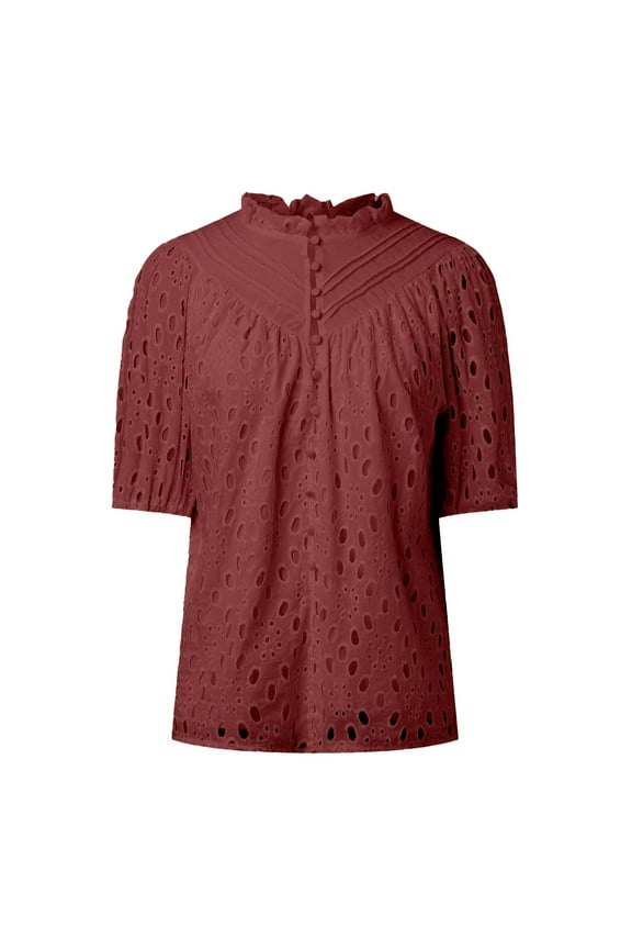 Women Tops Dressy Casual Short Sleeve V Neck Buttons Hollow Out Lace Embroidered Blouses Shirts Stretch Tee Turtleneck Women Petite Women's Shirts Summer Long Sleeve Tees Stripes Tee Burnout