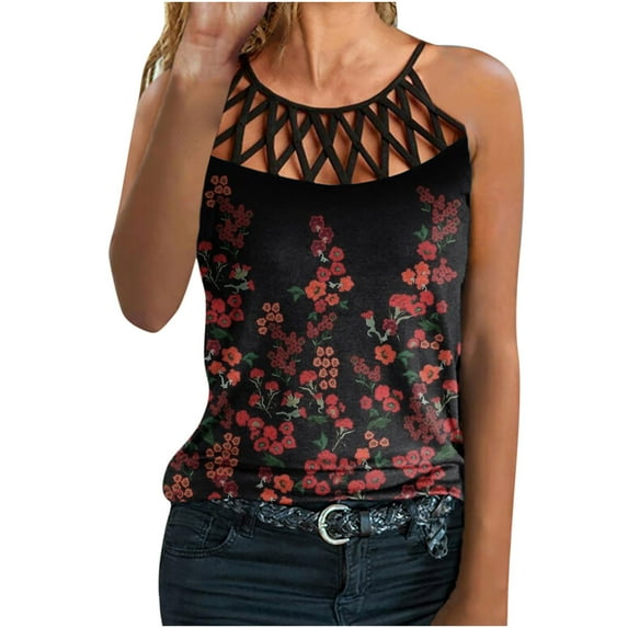 Women Tops Dressy Casual, Women's Summer Halter Spaghetti Strap Tank Tops Cami Shirts Floral Printed Hollow Out T-shirts Casual Loose