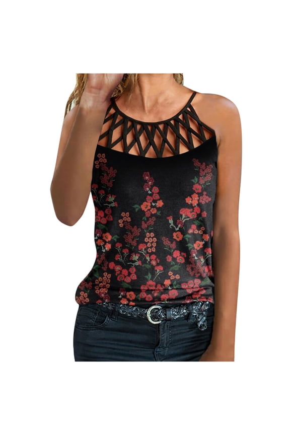 Womens Shirts and Blouses,Women's Summer Halter Spaghetti Strap Tank Tops Cami Shirts Floral Printed Hollow Out T-shirts Casual Loose