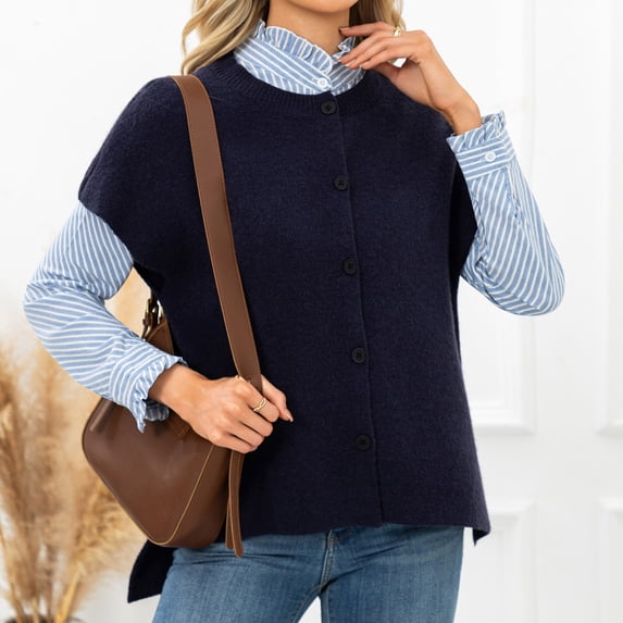 Women Tops Fashion Sawvnm Woman Fashion Short Sleeve Solid Sweater Button Opening And Closing Blouse Tshirts for Women Dark Blue M