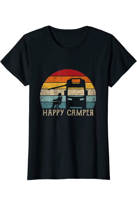 Women Tops Happy Camper RV Camping Shirt Retro Sun 70s 80s Casual T-Shirt
