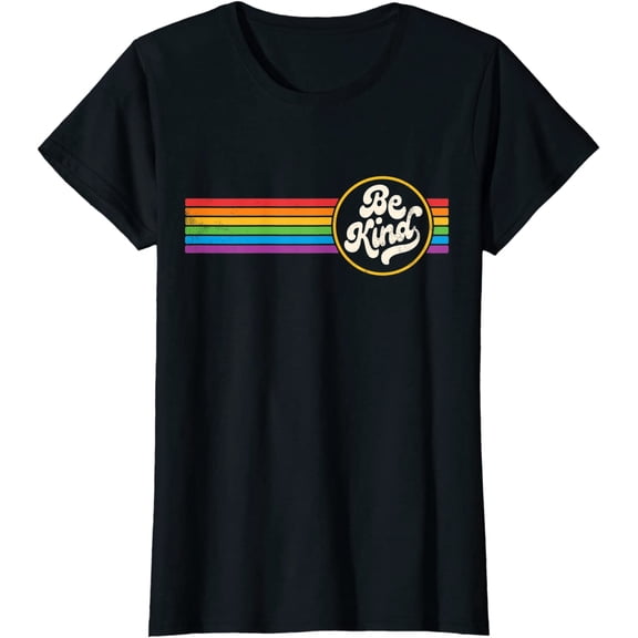 Women Tops LGBTQ Be Kind Pride LGBT Ally Rainbow Flag Retro Vintage Casual T-Shirt