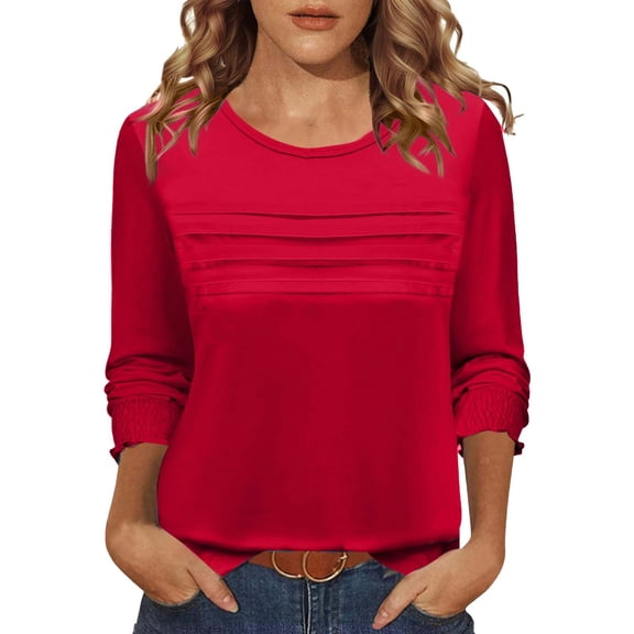 Women Tops Long Sleeve Blouses Dressy Casual Crewneck Pleated Tunic Shirts Loose Fashion Clothes
