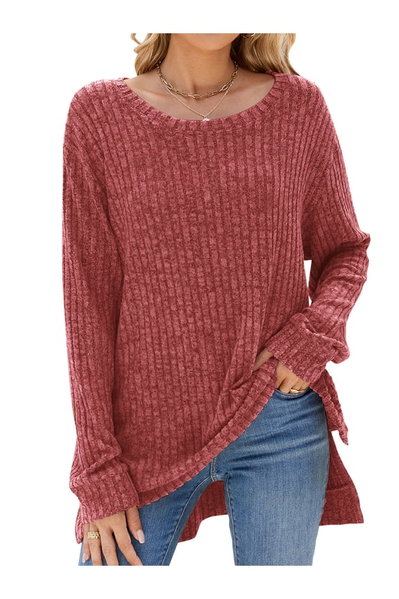 Women Tops Long Sleeve Thin Sweater Fashion Casual Dressy Tunic Shirts Solid Red Pullover Clothes Size XL