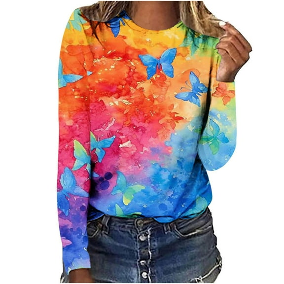Women Tops Long Sleeves Round Neck Sweatshirts Casual Long Sleeve Tops Tie Dye Pullover s Colored Graphic Tshirts Tees Fashion T-Shirts Women Tunics Tops for Work Office