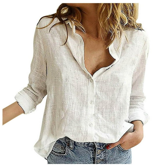 Women Tops, Loose Blouses Casual Solid Lapel V Neck Long Sleeve Button Down Linen Shirt Lightweight Tops Maternity Heated Shirt Goth Clothes Basic Tops Athletic Tees Tops (L, White) ZMTing