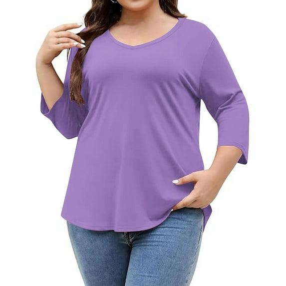 Women Tops, Plus Size Shirts for Women V Neck 3/4 Sleeve Tops Casual Three Quarter Length Spring Fall Blouses Dressy Loose Tunic Top
