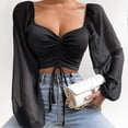 thumbnail image 1 of Women Tops Puff Sleeve Sexy Close-Fitting Drawstring V-neck Hot Tee Shirts, 1 of 10