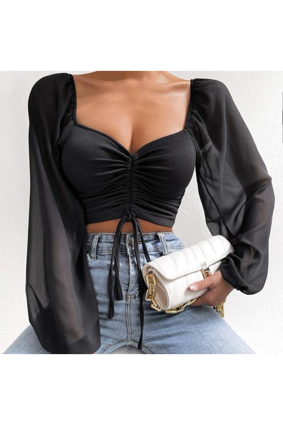 Women Tops Puff Sleeve Sexy Close-Fitting Drawstring V-neck Hot Tee Shirts