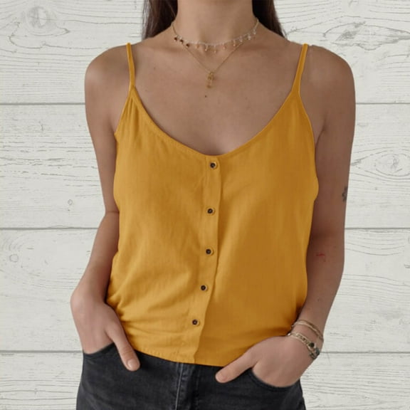 Women Tops Relaxed Summer Trendy Relaxed Pullover Button Button Spaghetti Strap Crewneck Sleeveless Going Out Camisole Trendy Breathable Soft Comfy Casual Solid Color Basic Tank Tops