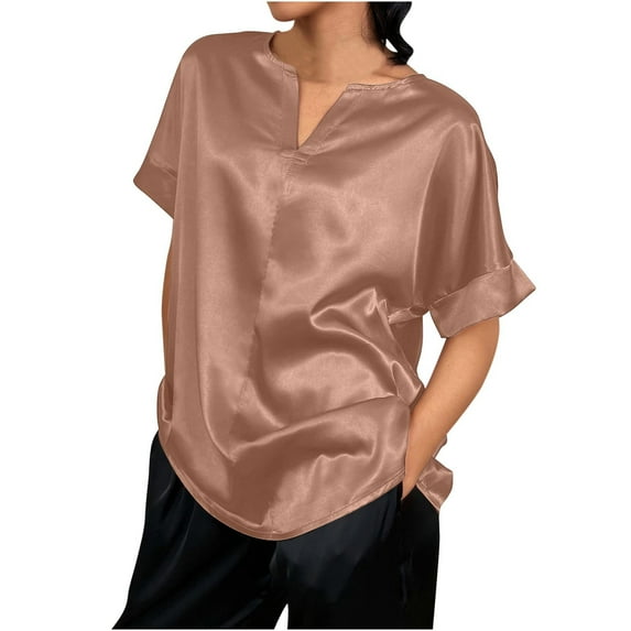 Women Tops Sawvnm Women's Cap Sleeve Silk Tops V Neck Satin Blouse Solid Color Elegant Loose Shirts under $5.00 Coffee L