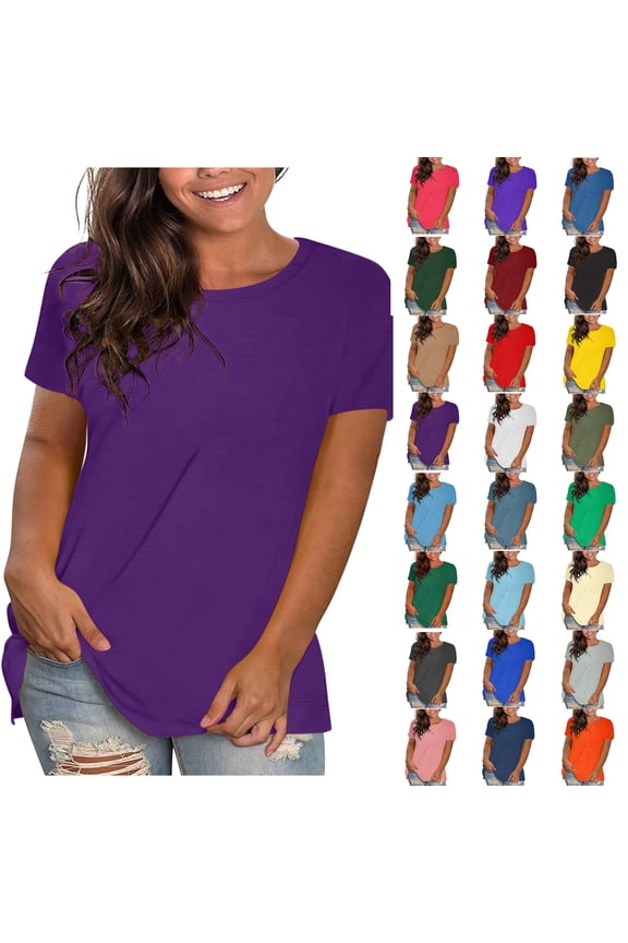 Women Tops Sawvnm Women's Fashion Plus-Size Solid Loose Short Sleeve T-shirt Pullover Top Women Plus Size Tops Purple 2 L