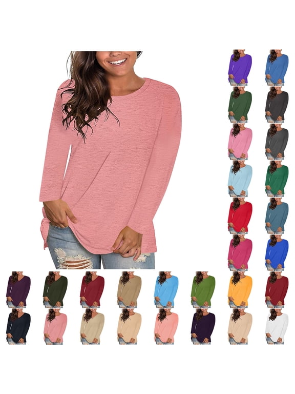Women Tops Sawvnm Women's Fashion Solid Loose Long Sleeve T-shirt Pullover Tops
