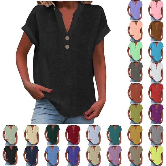 Women Tops Sawvnm Women's Tops Fashion Solid Button Shirt Female V-Neck Loose T-shirt Blouse Black L