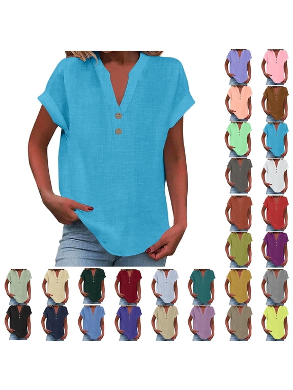 Women Tops Sawvnm Women's Tops Fashion Solid Button Shirt Female V-Neck Loose T-shirt Blouse Blue L