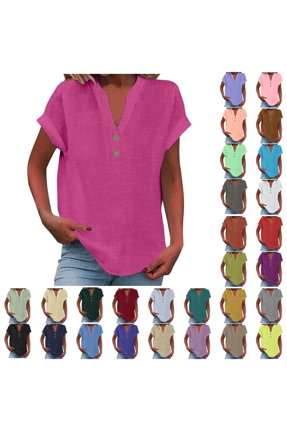 Women Tops Sawvnm Women's Tops Fashion Solid Button Shirt Female V-Neck Loose T-shirt Blouse Hot Pink L