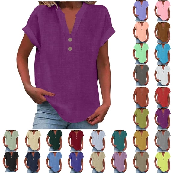 Women Tops Sawvnm Women's Tops Fashion Solid Button Shirt Female V-Neck Loose T-shirt Blouse Purple L