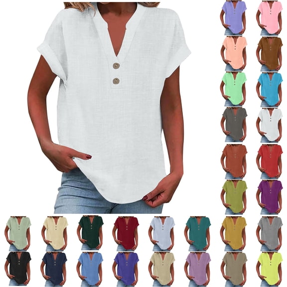 Women Tops Sawvnm Women's Tops Fashion Solid Button Shirt Female V-Neck Loose T-shirt Blouse White L