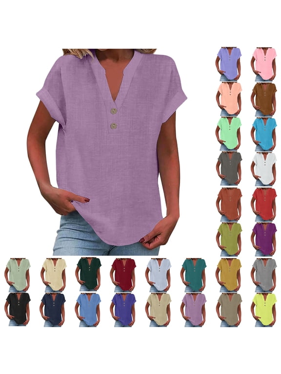 Women Tops Sawvnm Women's Tops Fashion Solid Button Shirt Female V-Neck Loose T-shirt Blouse,Purple4,3XL