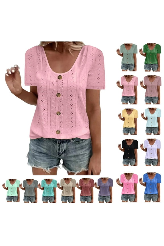 Women Tops Ndbuld Womens Fashion Summer Short Sleeve Round-Neck Solid Casaul Tops T-shirt .00 Pink L